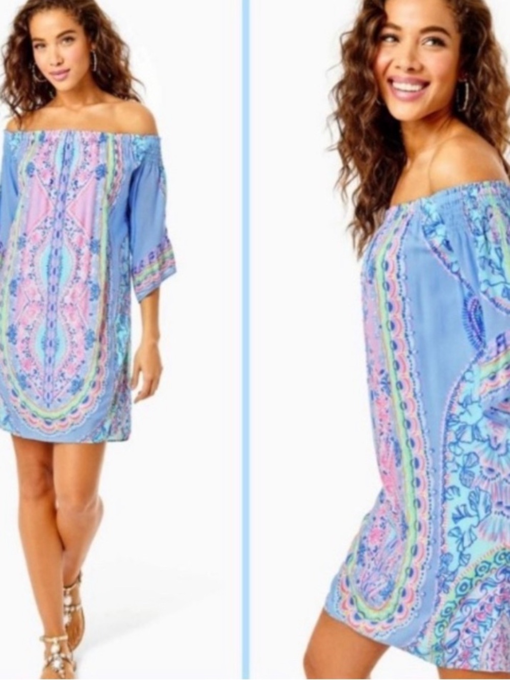 Lilly Pulitzer Blue & Pink Off-Shoulder Printed Tunic - Picture 2 of 5
